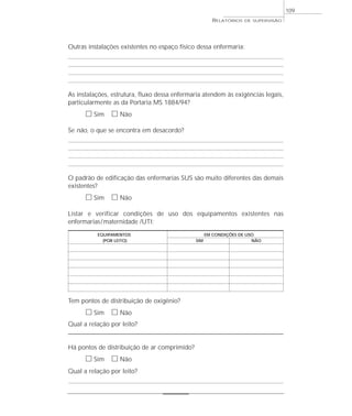 109
                                                           RELATÓRIOS   DE SUPERVISÃO




Outras instalações existentes no espaço físico dessa enfermaria:




As instalações, estrutura, fluxo dessa enfermaria atendem às exigências legais,
particularmente as da Portaria MS 1884/94?
      ᮀ Sim ᮀ Não
Se não, o que se encontra em desacordo?




O padrão de edificação das enfermarias SUS são muito diferentes das demais
existentes?
      ᮀ Sim ᮀ Não
Listar e verificar condições de uso dos equipamentos existentes nas
enfermarias / maternidade /UTI:
           EQUIPAMENTOS                                  EM CONDIÇÕES DE USO
             (POR LEITO)                           SIM                     NÃO




Tem pontos de distribuição de oxigênio?
      ᮀ Sim ᮀ Não
Qual a relação por leito?
______________________________________________________________________________________

Há pontos de distribuição de ar comprimido?
      ᮀ Sim ᮀ Não
Qual a relação por leito?
 