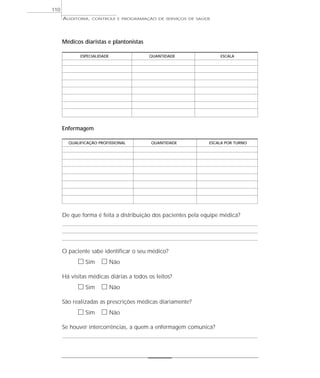 110
      AUDITORIA,   CONTROLE E PROGRAMAÇÃO DE SERVIÇOS DE SAÚDE




      Médicos diaristas e plantonistas

             ESPECIALIDADE               QUANTIDADE                ESCALA




      Enfermagem

        QUALIFICAÇÃO PROFISSIONAL         QUANTIDADE           ESCALA POR TURNO




      De que forma é feita a distribuição dos pacientes pela equipe médica?




      O paciente sabe identificar o seu médico?
            ᮀ Sim ᮀ Não
      Há visitas médicas diárias a todos os leitos?
            ᮀ Sim ᮀ Não
      São realizadas as prescrições médicas diariamente?
            ᮀ Sim ᮀ Não
      Se houver intercorrências, a quem a enfermagem comunica?
 