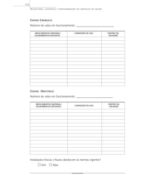 112
      AUDITORIA,   CONTROLE E PROGRAMAÇÃO DE SERVIÇOS DE SAÚDE




      CENTRO CIRÚRGICO
      Número de salas em funcionamento: __________________________________

         MEDICAMENTOS / MATERIAL /        CONDIÇÕES DE USO           DENTRO DA
         EQUIPAMENTOS EXISTENTES                                      VALIDADE




      CENTRO OBSTÉTRICO
      Número de salas em funcionamento: _________________________________

          MEDICAMENTOS / MATERIAL /                                  DENTRO DA
                                          CONDIÇÕES DE USO
          EQUIPAMENTOS EXISTENTES                                     VALIDADE




      Instalações físicas e fluxos obedecem às normas vigentes?
            ᮀ Sim ᮀ Não
 