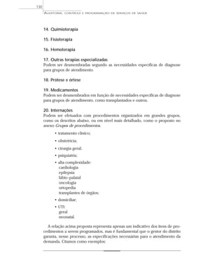 130
      AUDITORIA,   CONTROLE E PROGRAMAÇÃO DE SERVIÇOS DE SAÚDE




      14. Quimioterapia

      15. Fisioterapia

      16. Hemoterapia

      17. Outras terapias especializadas
      Podem ser desmembradas segundo as necessidades específicas de diagnose
      para grupos de atendimento.

      18. Prótese e órtese

      19. Medicamentos
      Podem ser desmembrados em função de necessidades específicas de diagnose
      para grupos de atendimento, como transplantados e outros.

      20. Internações
      Podem ser efetuados com procedimentos organizados em grandes grupos,
      como os descritos abaixo, ou em nível mais detalhado, como o proposto no
      anexo Grupos de procedimentos.
            • tratamento clínico;
            • obstetrícia;
            • cirurgia geral;
            • psiquiatria;
            • alta complexidade:
              cardiologia
              epilepsia
              lábio -palatal
              oncologia
              ortopedia
              transplantes de órgãos;
            • domiciliar;
            • UTI:
              geral
              neonatal.

        A relação acima proposta representa apenas um indicativo dos itens de pro-
      cedimentos a serem programados, mas é fundamental que o gestor do distrito
      garanta, nesse processo, as especificações necessárias para o atendimento da
      demanda. Citamos como exemplos:
 