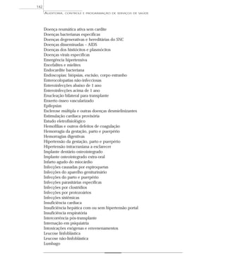 142
      AUDITORIA,   CONTROLE E PROGRAMAÇÃO DE SERVIÇOS DE SAÚDE




      Doença reumática ativa sem cardite
      Doenças bacterianas específicas
      Doenças degenerativas e hereditárias do SNC
      Doenças disseminadas – AIDS
      Doenças dos histiócitos e plasmócitos
      Doenças virais específicas
      Emergência hipertensiva
      Encefalites e mielites
      Endocardite bacteriana
      Endoscopias: biópsias, excisão, corpo estranho
      Enterocolopatias não-infecciosas
      Enteroinfecções abaixo de 1 ano
      Enteroinfecções acima de 1 ano
      Enucleação bilateral para transplante
      Enxerto ósseo vascularizado
      Epilepsias
      Esclerose múltipla e outras doenças desmielinizantes
      Estimulação cardíaca provisória
      Estudo eletrofisiológico
      Hemofilias e outros defeitos de coagulação
      Hemorragia da gestação, parto e puerpério
      Hemorragias digestivas
      Hipertensão da gestação, parto e puerpério
      Hipertensão intracraniana a esclarecer
      Implante dentário osteointegrado
      Implante osteointegrado extra-oral
      Infarto agudo do miocárdio
      Infecções causadas por espiroquetas
      Infecções do aparelho geniturinário
      Infecções do parto e puerpério
      Infecções parasitárias específicas
      Infecções por clostrídios
      Infecções por protozoários
      Infecções sistêmicas
      Insuficiência cardíaca
      Insuficiência hepática com ou sem hipertensão portal
      Insuficiência respiratória
      Intercorrência pós-transplante
      Internação em psiquiatria
      Intoxicações exógenas e envenenamentos
      Leucose linfoblástica
      Leucose não-linfoblástica
      Lumbago
 