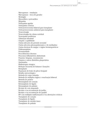 143
                                      PROGRAMAÇÃO   DE SERVIÇOS DE SAÚDE




Marcapassos – instalação
Marcapassos – troca de gerador
Meningite
Miocardites e pericardites
Miopatias
Nefropatias agudas
Nefropatias crônicas
Nefroureterectomia bilateral para transplante
Nefroureterectomia unilateral para transplante
Neurocirurgia
Neurocirurgia da coluna vertebral
Neuropatias periféricas
Obstrução intestinal
Orquite e epididimite
Outras afecções do período neonatal
Outras afecções pleuropulmonares e do mediastino
Outras doenças do sangue e órgãos hematopoiéticos
Politraumatismo
Prematuridade
Procedimentos diversos
Processos inflamatórios abdominais
Punções: biópsias, esvaziamento
Púrpura e outros distúrbios plaquetários
Queimados
Radioterapia cirúrgica
Redução incruenta de fraturas e luxações
Reimplante
Reparação de lesão do plexo braquial
Retalho microcirúrgico
Retirada de corpo estranho
Retirada de múltiplos órgãos e enucleação bilateral
Retirada de prótese
Retransplante de coração
Retransplante de fígado
Retransplante de pulmão
Revisão de coto amputado
Revisão e/ou reconstrução de joelho
Revisão e/ou reconstrução de quadril
RN com múltiplas malformações e/ou aberrações crônicas
Transplante de coração
Transplante de fígado
Transplante de medula óssea
Transplante de pulmão
 