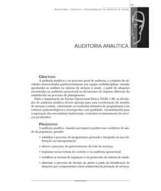 39
                   AUDITORIA,   CONTROLE E PROGRAMAÇÃO DE SERVIÇOS DE SAÚDE




                                    AUDITORIA ANALÍTICA




      OBJETIVO
       A auditoria analítica é, no processo geral de auditoria, o conjunto de ati-
vidades desenvolvidas preferencialmente por equipe multidisciplinar, visando
aprofundar as análises no sistema de atenção à saúde, a partir de situações
encontradas na auditoria operacional ou decorrentes do impacto diferente do
estabelecido no processo de planejamento.
   Dada a implantação da Norma Operacional Básica (NOB) 1/96, as ativida-
des de auditoria analítica devem apontar para uma reordenação do modelo
de atenção à saúde, valorizando os resultados advindos de programação com
critérios epidemiológicos e desempenho com qualidade, encaminhando para
a superação dos mecanismos tradicionais, centrados no faturamento de servi-
ços produzidos.

      PRODUTOS
      A auditoria analítica, visando um impacto positivo nas condições de saú-
de da população, permite:
      • subsidiar o processo de programação pactuada e integrada em sua ela-
        boração ou reprogramação;
      • alterar o processo de gerenciamento da rede de serviços;
      • implantar novas rotinas de controle e/ou auditoria operacional;
      • modificar as normas de regulação e/ou protocolos do sistema de saúde;
      • alimentar o processo de decisão do gestor a partir da identificação de
        situações que comprometam o bom andamento da prestação de serviços.
 
