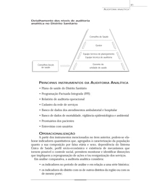 41
                                                               AUDITORIA   ANALÍTICA




Detalhamento dos níveis de auditoria
analítica no Distrito Sanitário




                                                Conselho de Saúde


                                                      Gestor


                                          Equipe técnica de planejamento
                                            Equipe técnica de auditoria


     Conselhos locais                              Gerente da
        de saúde                                unidade de saúde




      PRINCIPAIS        INSTRUMENTOS DA          AUDITORIA ANALÍTICA
      • Plano de saúde do Distrito Sanitário
      • Programação Pactuada Integrada (PPI)
      • Relatório de auditoria operacional
      • Cadastro da rede de serviços
      • Banco de dados dos atendimentos ambulatorial e hospitalar
      • Banco de dados de mortalidade, vigilância epidemiológica e ambiental
      • Prontuários dos pacientes
      • Entrevistas com usuários

      OPERACIONALIZAÇÃO
      A partir dos instrumentos mencionados no item anterior, podem-se ela-
borar indicadores quantitativos que, agregados à caracterização da população
quanto a sua composição por faixa etária e sexo, dependência do Sistema
Único de Saúde, perfil sócio-econômico e existência de mecanismos que
tornem possível o controle social, permitem monitorar e identificar distorções
que impliquem a reprogramação de ações e/ou reorganização dos serviços.
   Em análise comparativa, a auditoria analítica considera:
      • os indicadores no período de análise e em relação a uma série histórica;
      • os indicadores do distrito com os de outros distritos da região ou com os
        de mesmo porte;
 