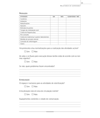 59
                                                     RELATÓRIOS   DE SUPERVISÃO




PRODUÇÃO
 ATIVIDADES                                   SIM    NÃO     QUANTIDADE / MÊS

 Curativos
 Inalações
 Nebulizações
 Injeções
 Retirada de pontos
 Terapia de reidratação oral
 Coleta de Papanicolau
 Pré-consulta
 Coleta de material p/ exames laboratoriais
 Medida de pressão arterial
 Consulta de enfermagem
 Outro

Há protocolos e/ou normatizações para a realização das atividades acima?
      ᮀ Sim ᮀ Não
As salas e os fluxos para execução dessas tarefas estão de acordo com as nor-
mas vigentes?
      ᮀ Sim ᮀ Não
Se não, quais problemas foram encontrados?




ESTERILIZAÇÃO
O espaço é exclusivo para as atividades de esterilização?
      ᮀ Sim ᮀ Não
A localização está em área de circulação restrita?
      ᮀ Sim ᮀ Não
Equipamentos existentes e estado de conservação:
 
