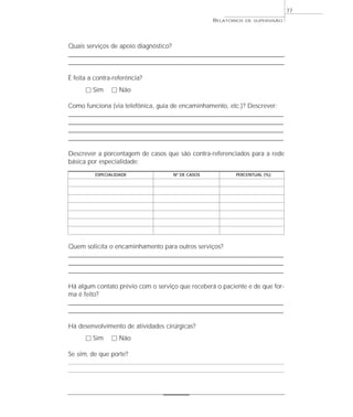 77
                                                         RELATÓRIOS   DE SUPERVISÃO




Quais serviços de apoio diagnóstico?
______________________________________________________________________________________
______________________________________________________________________________________

É feita a contra-referência?
      ٗ Sim      ٗ Não

Como funciona (via telefônica, guia de encaminhamento, etc.)? Descrever:
___________________________________________________________________________
___________________________________________________________________________
___________________________________________________________________________
___________________________________________________________________________

Descrever a porcentagem de casos que são contra-referenciados para a rede
básica por especialidade:
          ESPECIALIDADE                  Nº DE CASOS              PERCENTUAL (%)




Quem solicita o encaminhamento para outros serviços?
___________________________________________________________________________
___________________________________________________________________________
___________________________________________________________________________

Há algum contato prévio com o serviço que receberá o paciente e de que for-
ma é feito?
___________________________________________________________________________
___________________________________________________________________________

Há desenvolvimento de atividades cirúrgicas?
      ٗ Sim      ٗ Não

Se sim, de que porte?
 