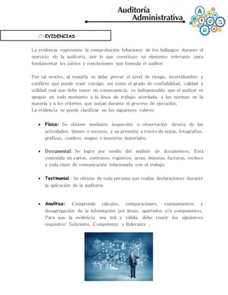  EVIDENCIAS
La evidencia representa la comprobación fehaciente de los hallazgos durante el
ejercicio de la auditoría, por lo que constituye un elemento relevante para
fundamentar los juicios y conclusiones que formula el auditor.
Por tal motivo, al reunirla se debe prever el nivel de riesgo, incertidumbre y
conflicto que puede traer consigo, así como el grado de confiabilidad, calidad y
utilidad real que debe tener; en consecuencia, es indispensable que el auditor se
apegue en todo momento a la línea de trabajo acordada, a las normas en la
materia y a los criterios que surjan durante el proceso de ejecución.
La evidencia se puede clasificar en los siguientes rubros:
 Física: Se obtiene mediante inspección u observación directa de las
actividades, bienes o sucesos, y se presenta a través de notas, fotografías,
gráficas, cuadros, mapas o muestras materiales.
 Documental: Se logra por medio del análisis de documentos. Está
contenida en cartas, contratos, registros, actas, minutas, facturas, recibos
y toda clase de comunicación relacionada con el trabajo
 Testimonial : Se obtiene de toda persona que realiza declaraciones durante
la aplicación de la auditoría
 Analítica: Comprende cálculos, comparaciones, razonamientos y
desagregación de la información por áreas, apartados y/o componentes.
Para que la evidencia sea útil y válida, debe reunir los siguientes
requisitos: Suficiente, Competente y Relevante .
 