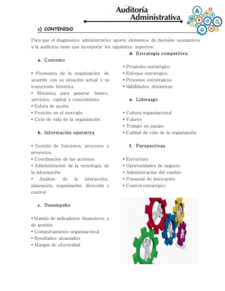 c) CONTENIDO
Para que el diagnóstico administrativo aporte elementos de decisión sustantivos
a la auditoría tiene que incorporar los siguientes aspectos:
a. Contexto
• Fisonomía de la organización de
acuerdo con su situación actual y su
trayectoria histórica
• Mecánica para generar bienes,
servicios, capital y conocimiento
• Esfera de acción
• Posición en el mercado
• Ciclo de vida de la organización
b. Información operativa
• Gestión de funciones, procesos y
proyectos
• Coordinación de las acciones
• Administración de la tecnología de
la información
• Análisis de la interacción,
planeación, organización, dirección y
control
c. Desempeño
• Manejo de indicadores financieros y
de gestión
• Comportamiento organizacional
• Resultados alcanzados
• Margen de efectividad
d. Estrategia competitiva
• Propósito estratégico
• Enfoque estratégico
• Procesos estratégicos
• Habilidades distintivas
e. Liderazgo
• Cultura organizacional
• Valores
• Trabajo en equipo
• Calidad de vida de la organización
f. Perspectivas
• Estructura
• Oportunidades de negocio
• Administración del cambio
• Potencial de innovación
• Control estratégico
 