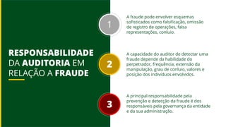 RESPONSABILIDADE
DA AUDITORIA EM
RELAÇÃO A FRAUDE
1
2
3
A fraude pode envolver esquemas
sofisticados como falsificação, omissão
de registro de operações, falsa
representações, conluio.
A capacidade do auditor de detectar uma
fraude depende da habilidade do
perpetrador, frequência, extensão da
manipulação, grau de conluio, valores e
posição dos indivíduos envolvidos.
A principal responsabilidade pela
prevenção e detecção da fraude é dos
responsáveis pela governança da entidade
e da sua administração.
 