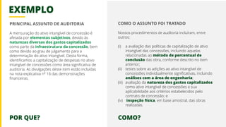 EXEMPLO
PRINCIPAL ASSUNTO DE AUDITORIA
A mensuração do ativo intangível de concessão é
afetada por elementos subjetivos, devido às
naturezas diversas dos gastos capitalizados
como parte da infraestrutura da concessão, bem
como devido ao grau de julgamento para a
determinação do ativo intangível. Desta forma,
identificamos a capitalização de despesas no ativo
intangível de concessões como área significativa de
auditoria. As divulgações deste item estão incluídas
na nota explicativa nº 16 das demonstrações
financeiras.
COMO O ASSUNTO FOI TRATADO
Nossos procedimentos de auditoria incluíram, entre
outros:
(i) a avaliação das políticas de capitalização de ativo
intangível das concessões, incluindo aquelas
relacionadas ao método de percentual de
conclusão das obra, conforme descrito no item
anterior;
(ii) testes sobre as adições ao ativo intangível de
concessões individualmente significativas, incluindo
análises com a área de engenharia;
(iii) avaliação da natureza dos gastos capitalizados
como ativo intangível de concessões e sua
aplicabilidade aos critérios estabelecidos pelo
contrato de concessão; e
(iv) inspeção física, em base amostral, das obras
realizadas.
POR QUE? COMO?
 