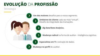 EVOLUÇÃO DA PROFISSÃO
Tecnologia
Um dos maiores desafios para o nosso segmento.
Ambiente do cliente cada vez mais “virtual”.
Desafio da integridade das transações.
Big Data/Data Analytics.
Mudança radical na forma de auditar – Inteligência cognitiva.
Especialista em TI e extração de dados.
Mudança no perfil do auditor.
 