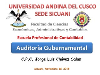 Escuela Profesional de Contabilidad
Auditoría Gubernamental
C.P.C. Jorge Luis Chávez Salas
Sicuani, Noviembre del 2015
 