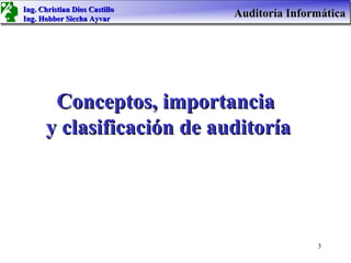 Ing. Christian Dios Castillo
Ing. Hobber Siccha Ayvar
                               Auditoría Informática




       Conceptos, importancia
      y clasificación de auditoría




                                              3
 
