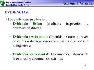 Ing. Christian Dios Castillo
Ing. Hobber Siccha Ayvar
                                      Auditoría Informática

EVIDENCIAS:
• Las evidencias pueden ser:
   – Evidencia física: Mediante         inspección        u
     observación directa.

   – Evidencia testimonial: Obtenida de otros a través
     de cartas o declaraciones recibidas en respuestas a
     indagaciones.

   – Evidencia documental: Documentos internos de
     la empresa y documentos externos.
                                                     35
 