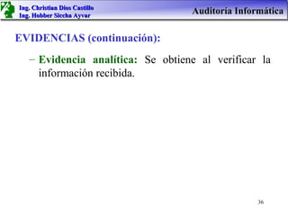 Ing. Christian Dios Castillo
Ing. Hobber Siccha Ayvar
                                    Auditoría Informática

EVIDENCIAS (continuación):
   – Evidencia analítica: Se obtiene al verificar la
     información recibida.




                                                   36
 