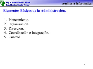 Ing. Christian Dios Castillo
 Ing. Hobber Siccha Ayvar
                                    Auditoría Informática

Elementos Básicos de la Administración.

1.   Planeamiento.
2.   Organización.
3.   Dirección.
4.   Coordinación e Integración.
5.   Control.




                                                   4
 
