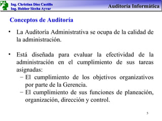 Ing. Christian Dios Castillo
Ing. Hobber Siccha Ayvar
                                     Auditoría Informática

Conceptos de Auditoría
• La Auditoría Administrativa se ocupa de la calidad de
  la administración.

• Está diseñada para evaluar la efectividad de la
  administración en el cumplimiento de sus tareas
  asignadas:
   – El cumplimiento de los objetivos organizativos
      por parte de la Gerencia.
   – El cumplimiento de sus funciones de planeación,
      organización, dirección y control.
                                                    5
 