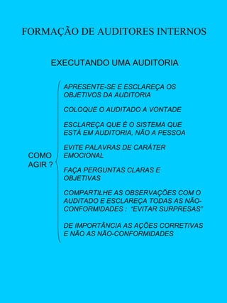 FORMAÇÃO DE AUDITORES INTERNOS
EXECUTANDO UMA AUDITORIA
APRESENTE-SE E ESCLAREÇA OS
OBJETIVOS DA AUDITORIA
COLOQUE O AUDITADO A VONTADE
ESCLAREÇA QUE É O SISTEMA QUE
ESTÁ EM AUDITORIA, NÃO A PESSOA

COMO
AGIR ?

EVITE PALAVRAS DE CARÁTER
EMOCIONAL
FAÇA PERGUNTAS CLARAS E
OBJETIVAS
COMPARTILHE AS OBSERVAÇÕES COM O
AUDITADO E ESCLAREÇA TODAS AS NÃOCONFORMIDADES : “EVITAR SURPRESAS”
DE IMPORTÂNCIA AS AÇÕES CORRETIVAS
E NÃO AS NÃO-CONFORMIDADES

 
