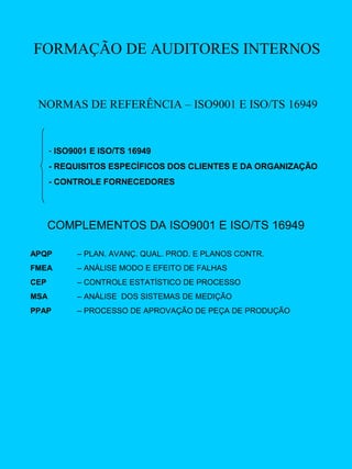 FORMAÇÃO DE AUDITORES INTERNOS

NORMAS DE REFERÊNCIA – ISO9001 E ISO/TS 16949

- ISO9001 E ISO/TS 16949
- REQUISITOS ESPECÍFICOS DOS CLIENTES E DA ORGANIZAÇÃO
- CONTROLE FORNECEDORES

COMPLEMENTOS DA ISO9001 E ISO/TS 16949
APQP

– PLAN. AVANÇ. QUAL. PROD. E PLANOS CONTR.

FMEA

– ANÁLISE MODO E EFEITO DE FALHAS

CEP

– CONTROLE ESTATÍSTICO DE PROCESSO

MSA

– ANÁLISE DOS SISTEMAS DE MEDIÇÃO

PPAP

– PROCESSO DE APROVAÇÃO DE PEÇA DE PRODUÇÃO

 