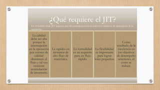 ¿Qué requiere el JIT?
La calidad
debe ser alta
porque la
interrupción
en la operación
por errores de
calidad
disminuye el
flujo y tal vez
ocasione
acumulación
de inventario.
La rapidez en
términos de
alto flujo de
materiales.
La formalidad
es un requisito
para un flujo
rápido.
La flexibilidad
es importante
para lograr
lotes pequeños.
Como
resultado de la
excelencia en
los objetivos
de desempeño
anteriores, el
costo se
reduce.
En el sentido ideal, JIT requiere una alta estandarización en todos los objetivos de desempeño de la
operación.
 