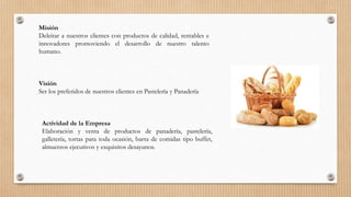 Misión
Deleitar a nuestros clientes con productos de calidad, rentables e
innovadores promoviendo el desarrollo de nuestro talento
humano.
Visión
Ser los preferidos de nuestros clientes en Pastelería y Panadería
Actividad de la Empresa
Elaboración y venta de productos de panadería, pastelería,
galletería, tortas para toda ocasión, barra de comidas tipo buffet,
almuerzos ejecutivos y exquisitos desayunos.
 