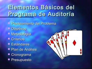 Elementos Básicos delElementos Básicos del
Programa de AuditoríaPrograma de Auditoría
 Planteamiento del ProblemaPlanteamiento del Problema
 ObjetivosObjetivos
 MetodologíaMetodología
 CriteriosCriterios
 EstándaresEstándares
 Plan de AnálisisPlan de Análisis
 CronogramaCronograma
 PresupuestoPresupuesto
 