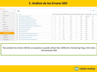 5. Análisis de los Errores SEO
Para analizar los errores SEO de un proyecto se puede utilizar Xovi, SEMrush o Screaming Frog, entre otras
herramientas SEO
 