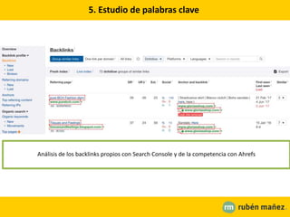 5. Estudio de palabras clave
Análisis de los backlinks propios con Search Console y de la competencia con Ahrefs
 