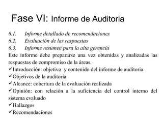 Fase VI:  Informe de Auditoria 6.1. Informe detallado de recomendaciones 6.2. Evaluación de las respuestas 6.3. Informe resumen para la alta gerencia Este informe debe prepararse una vez obtenidas y analizadas las respuestas de compromiso de la áreas. Introducción: objetivo  y contenido del informe de auditoria Objetivos de la auditoría Alcance: cobertura de la evaluación realizada Opinión: con relación a la suficiencia del control interno del sistema evaluado Hallazgos Recomendaciones 