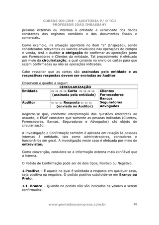 CURSOS ON-LINE – AUDITORIA P/ O TCU
PROFESSOR JOÃO IMBASSAHY
www.pontodosconcursos.com.br 10
pessoas externas ou internas à entidade a veracidade dos dados
constantes dos registros contábeis e dos documentos fiscais e
comerciais.
Como exemplo, na situação apontada no item “a” (Inspeção), sendo
considerados relevantes os valores envolvidos nas operações de compra
e venda, terá o Auditor a obrigação de confirmar as operações junto
aos Fornecedores e Clientes da entidade. Tal procedimento é efetuado
por meio da circularização, a qual consiste no envio de cartas para que
sejam confirmadas ou não as operações indicadas.
Cabe ressaltar que as cartas são assinadas pela entidade e as
respectivas respostas devem ser enviadas ao Auditor.
Observem o quadro a seguir:
CIRCULARIZAÇÃO
Entidade ⇒ ⇒ ⇒ ⇒ Carta ⇒ ⇒ ⇒ ⇒
(assinada pela entidade)
Auditor ⇐ ⇐ ⇐ Resposta ⇐ ⇐ ⇐
(enviada ao Auditor)
Clientes
Fornecedores
Bancos
Seguradoras
Advogados
Registre-se que, conforme interpretação das questões referentes ao
assunto, a ESAF considera que somente as pessoas indicadas (Clientes,
Fornecedores, Bancos, Seguradoras e Advogados) são objeto de
circularização.
A Investigação e Confirmação também é aplicada em relação às pessoas
internas à entidade, tais como administradores, contadores e
funcionários em geral. A investigação neste caso é efetuada por meio de
entrevistas.
Como convenção, considera-se a informação externa mais confiável que
a interna.
O Pedido de Confirmação pode ser de dois tipos, Positivo ou Negativo.
1.Positivo – É aquele no qual é solicitada a resposta em qualquer caso,
seja positiva ou negativa. O pedido positivo subdivide-se em Branco ou
Preto.
1.1. Branco – Quando no pedido não são indicados os valores a serem
confirmados;
 