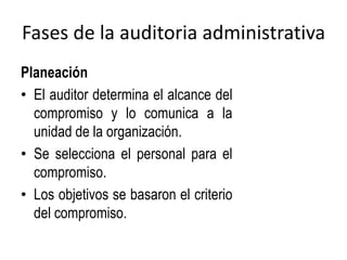 Fases de la auditoria administrativa
Planeación
• El auditor determina el alcance del
compromiso y lo comunica a la
unidad de la organización.
• Se selecciona el personal para el
compromiso.
• Los objetivos se basaron el criterio
del compromiso.
 