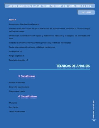 AUDITORIA ADMINISTRATIVA AL ÁREA DE “CUENTAS POR COBRAR” DE LA EMPRESA BIMBO, S.A. DE C.V.

                                                                                           28/11/2009


Factor 3

Componente: Distribución del espacio.

Indicador cualitativo: Grado en que la distribución del espacio está en función de la secuencia lógica
del flujo de trabajo.

Observación: la distribución del espacio y mobiliario es adecuado y se adapta a las actividades del
área.

Indicador cuantitativo: Normas dictadas para el uso y cuidado de instalaciones

Pautas observadas sobre el uso y cuidado de instalaciones

Cifra óptima: 10

Rango aceptable: 8

Resultado obtenido: 1.7




Análisis de sistemas

Desarrollo organizacional

Diagrama de Pareto
                                                                                                         TÉCNICAS DE ANÁLISIS



Muestreo

Correlación

Teoría de decisiones



                                                                                                          78
 