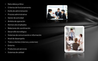  Naturaleza jurídica
 Criterios de funcionamiento
 Estilo de administración
 Proceso administrativo
 Sector de actividad
 Ámbito de operación
 Número de empleados
 Relaciones de coordinación
 Desarrollo tecnológico
 Sistemas de comunicación e información
 Nivel de desempeño
 Trato a clientes (internos y externos)
 Entorno
 Productos y/o servicios
 Sistemas de calidad
 
