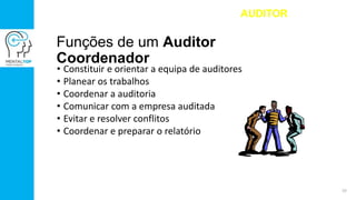 Funções de um Auditor
Coordenador
• Constituir e orientar a equipa de auditores
• Planear os trabalhos
• Coordenar a auditoria
• Comunicar com a empresa auditada
• Evitar e resolver conflitos
• Coordenar e preparar o relatório
AUDITOR
10
 