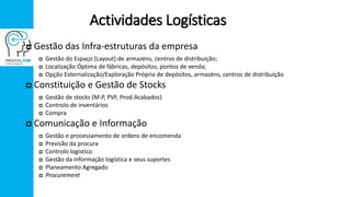 Actividades Logísticas
 Gestão das Infra-estruturas da empresa
 Gestão do Espaço (Layout) de armazéns, centros de distribuição;
 Localização Óptima de fábricas, depósitos, pontos de venda;
 Opção Externalização/Exploração Própria de depósitos, armazéns, centros de distribuição
 Constituição e Gestão de Stocks
 Gestão de stocks (M-P, PVF, Prod.Acabados)
 Controlo de inventários
 Compra
 Comunicação e Informação
 Gestão e processamento de ordens de encomenda
 Previsão da procura
 Controlo logístico
 Gestão da informação logística e seus suportes
 Planeamento Agregado
 Procurement
 