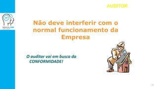 Não deve interferir com o
normal funcionamento da
Empresa
O auditor vai em busca da
CONFORMIDADE!
AUDITOR
11
 