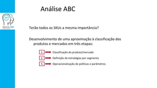 Análise ABC
Terão todos os SKUs a mesma importância?
Desenvolvimento de uma aproximação à classificação dos
produtos e mercados em três etapas:
1. Classificação do produto/mercado
2. Definição de estratégias por segmento
3. Operacionalização de políticas e parâmetros
 