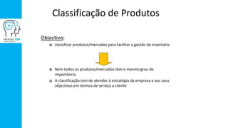 Classificação de Produtos
Objectivo:
 classificar produtos/mercados para facilitar a gestão do inventário
 Nem todos os produtos/mercados têm o mesmo grau de
importância
 A classificação tem de atender à estratégia da empresa e aos seus
objectivos em termos de serviço a cliente
 