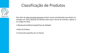 Classificação de Produtos
Para além do valor anual de consumo, existem outras considerações que devem ser
tomadas em conta aquando da decisão sobre qual a forma de controlo a aplicar a
um artigo em stock:
• Obsolescência/Deterioração/Prazo de Validade
• Valor do Produto
• Encomenda específica de um Cliente
 