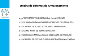 Escolha de Sistemas de Armazenamento
 APROVEITAMENTO DO ESPAÇO de forma EFICIENTE
 REDUÇÃO AO MÍNIMO DO MANUSEAMENTO DOS PRODUTOS
 FACILIDADE DE ACESSO AO PRODUTO ARMAZENADO
 MÁXIMO ÍNDICE DE ROTAÇÃO POSSÍVEL
 FLEXIBILIDADE MÁXIMA PARA A COLOCAÇÃO DO PRODUTO
 FACILIDADE DE CONTROLO DAS QUANTIDADES ARMAZENADAS
 