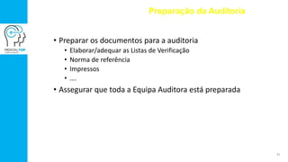 • Preparar os documentos para a auditoria
• Elaborar/adequar as Listas de Verificação
• Norma de referência
• Impressos
• ….
• Assegurar que toda a Equipa Auditora está preparada
Preparação da Auditoria
41
 