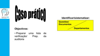 Objectivos:
• Preparar uma lista de
verificação/ Prep. da
auditoria
Questões/
Documentos
Departamentos
Identificar/sistematizar:
 