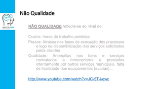 Não Qualidade
NÃO QUALIDADE reflecte-se ao nível de:
Custos: horas de trabalho perdidas
Prazos: Atrasos nas fases de execução dos processos
e logo na disponibilização dos serviços solicitados
pelos clientes
Qualidade: Anomalias nos bens e serviços
contratados a fornecedores e prestados
internamente por outros serviços municipais, falta
de fiabilidade dos equipamentos (avarias)...
http://www.youtube.com/watch?v=JC-5T-i-ewc
 