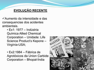 EVOLUÇÃO RECENTE
Aumento da intensidade e das
consequencias dos acidentes
ambientais.
• Ex1: 1977 – Indústria
Química Allied Chemical
Corporation – Unidade: Life
Science Product’s Kepone –
Virgínia-USA;
• Ex2:1984 – Fábrica de
Agrotóxicos da Union Carbide
Corporation – Bhopal-Índia
 