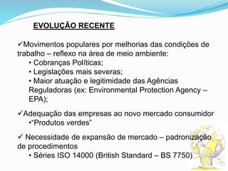 EVOLUÇÃO RECENTE
Movimentos populares por melhorias das condições de
trabalho – reflexo na área de meio ambiente:
• Cobranças Políticas;
• Legislações mais severas;
• Maior atuação e legitimidade das Agências
Reguladoras (ex: Environmental Protection Agency –
EPA);
Adequação das empresas ao novo mercado consumidor
•“Produtos verdes”
 Necessidade de expansão de mercado – padronização
de procedimentos
• Séries ISO 14000 (British Standard – BS 7750)
 