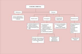 AUDITORIA AMBIENTAL
Planificacion Ejecucion
Elaboración de
Informe
Proceso independiente y
documentado para obtener
evidencias. Reunión inicial Investigacion
Reuniones del
equipo auditor
Reunión de cierre
• Comenzar formalmente el
proceso de auditoria.
• Confirmar aclaraciones.
• Obtener información de la
ORG.
• Recopilación de
información.
• Evaluación frente a los
criterios de auditoria.
• Hallazgos de la auditoria.
• Revisión
• Conclusión de la auditoria
Entrevistas, observaciones de
actividades y lugar de trabajo,
revision de documentacion,
etc.
Verificación de
adecuación
Verificación de
implementación.
Revisar no conformidades,
contestar o resolver
problemas.
Calificar malos atendidos.
-Resumir hallazgos de
la auditoria.
-Hacer las
recomendaciones
pertinentes.
-Identificar
oportunidades de
mejora.
 