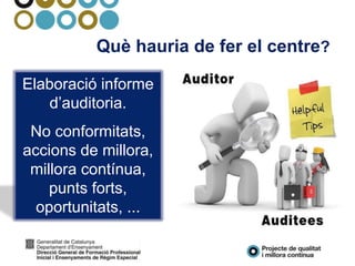 Què hauria de fer el centre?
Elaboració informe
d’auditoria.
No conformitats,
accions de millora,
millora contínua,
punts forts,
oportunitats, ...
 