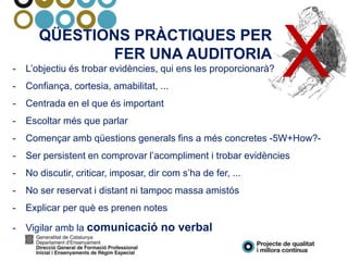 QÜESTIONS PRÀCTIQUES PER
FER UNA AUDITORIA
- L’objectiu és trobar evidències, qui ens les proporcionarà?
- Confiança, cortesia, amabilitat, ...
- Centrada en el que és important
- Escoltar més que parlar
- Començar amb qüestions generals fins a més concretes -5W+How?-
- Ser persistent en comprovar l’acompliment i trobar evidències
- No discutir, criticar, imposar, dir com s’ha de fer, ...
- No ser reservat i distant ni tampoc massa amistós
- Explicar per què es prenen notes
- Vigilar amb la comunicació no verbal
X
 