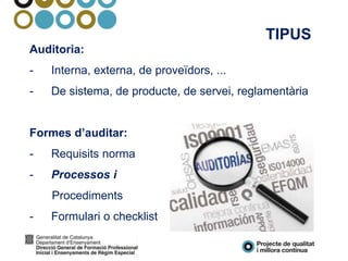 Auditoria:
- Interna, externa, de proveïdors, ...
- De sistema, de producte, de servei, reglamentària
Formes d’auditar:
- Requisits norma
- Processos i
Procediments
- Formulari o checklist
TIPUS
 