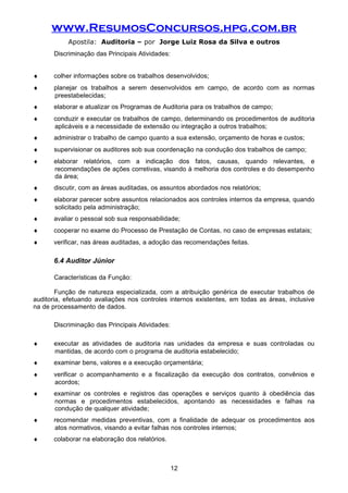www.ResumosConcursos.hpg.com.br
Apostila: Auditoria – por Jorge Luiz Rosa da Silva e outros
Discriminação das Principais Atividades:
♦ colher informações sobre os trabalhos desenvolvidos;
♦ planejar os trabalhos a serem desenvolvidos em campo, de acordo com as normas
preestabelecidas;
♦ elaborar e atualizar os Programas de Auditoria para os trabalhos de campo;
♦ conduzir e executar os trabalhos de campo, determinando os procedimentos de auditoria
aplicáveis e a necessidade de extensão ou integração a outros trabalhos;
♦ administrar o trabalho de campo quanto a sua extensão, orçamento de horas e custos;
♦ supervisionar os auditores sob sua coordenação na condução dos trabalhos de campo;
♦ elaborar relatórios, com a indicação dos fatos, causas, quando relevantes, e
recomendações de ações corretivas, visando à melhoria dos controles e do desempenho
da área;
♦ discutir, com as áreas auditadas, os assuntos abordados nos relatórios;
♦ elaborar parecer sobre assuntos relacionados aos controles internos da empresa, quando
solicitado pela administração;
♦ avaliar o pessoal sob sua responsabilidade;
♦ cooperar no exame do Processo de Prestação de Contas, no caso de empresas estatais;
♦ verificar, nas áreas auditadas, a adoção das recomendações feitas.
6.4 Auditor Júnior
Características da Função:
Função de natureza especializada, com a atribuição genérica de executar trabalhos de
auditoria, efetuando avaliações nos controles internos existentes, em todas as áreas, inclusive
na de processamento de dados.
Discriminação das Principais Atividades:
♦ executar as atividades de auditoria nas unidades da empresa e suas controladas ou
mantidas, de acordo com o programa de auditoria estabelecido;
♦ examinar bens, valores e a execução orçamentária;
♦ verificar o acompanhamento e a fiscalização da execução dos contratos, convênios e
acordos;
♦ examinar os controles e registros das operações e serviços quanto à obediência das
normas e procedimentos estabelecidos, apontando as necessidades e falhas na
condução de qualquer atividade;
♦ recomendar medidas preventivas, com a finalidade de adequar os procedimentos aos
atos normativos, visando a evitar falhas nos controles internos;
♦ colaborar na elaboração dos relatórios.
12
 